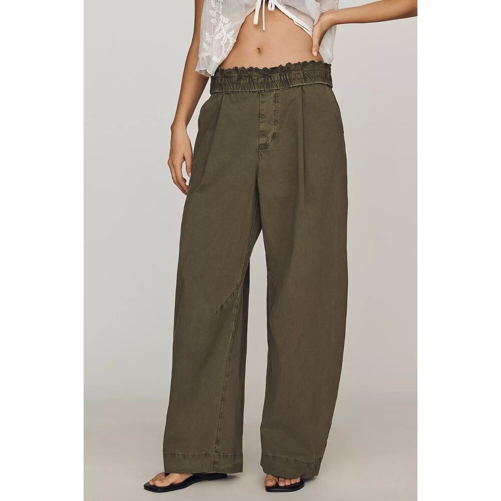 By Anthropologie Vintage Foldover Pants Barrel-Leg Pull-On Embroidered S 288476